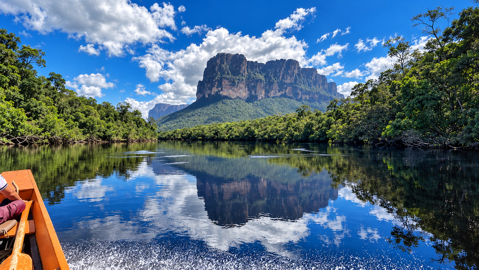 Una curiara recorre el río entre la selva, con un tepuy y su reflejo al frente.